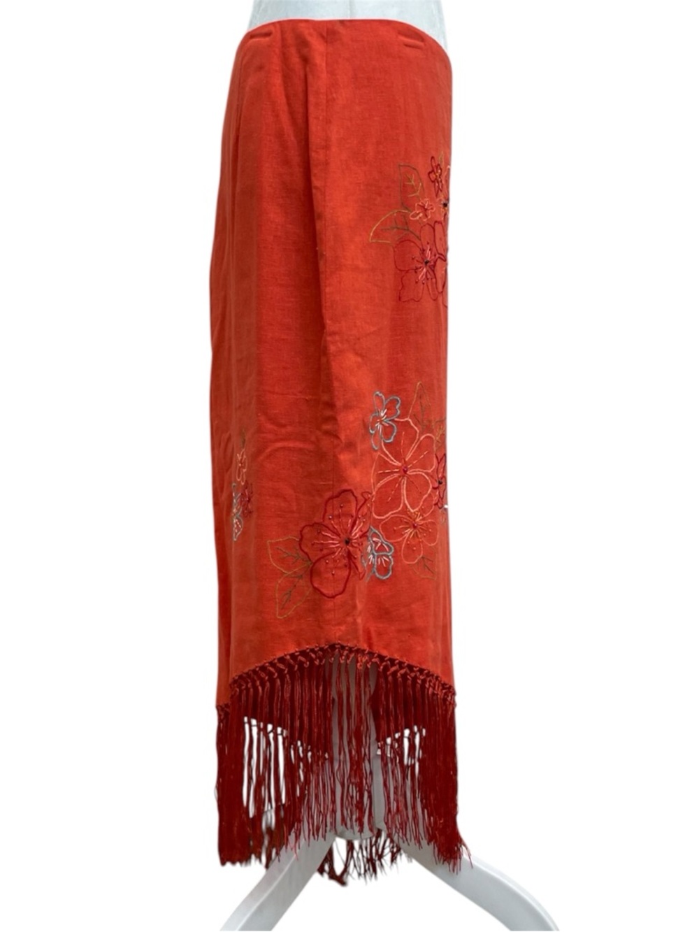 Muse Vintage Orange Linen Embroidered Asymmetrical Fringe Hem Midi Skirt - Picture 4 of 12